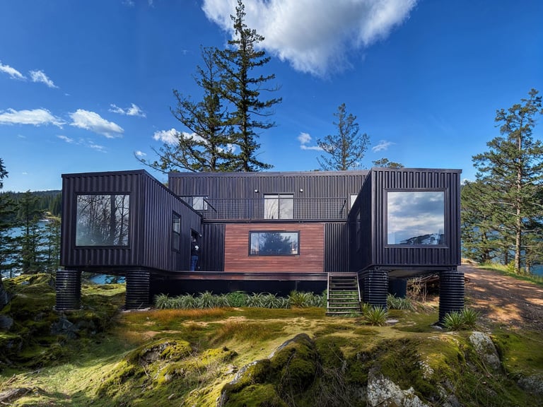 Modern modular cabin with black corrugated metal and copper wood siding, elevated on pillars, surrounded by moss-covered rocks and evergreen trees with blue sky