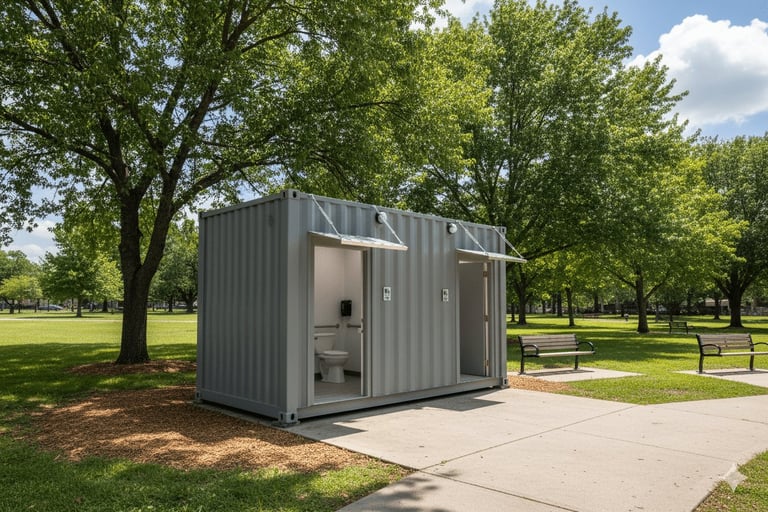 Modern metal restroom facility in a park setting with trees, benches, and green grass surroundings