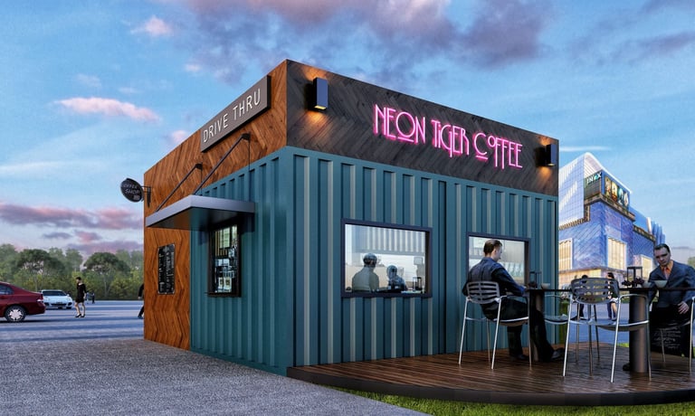 A modern shipping container coffee shop with neon pink signage and wood accents, customers visible inside, blue cloudy sky background