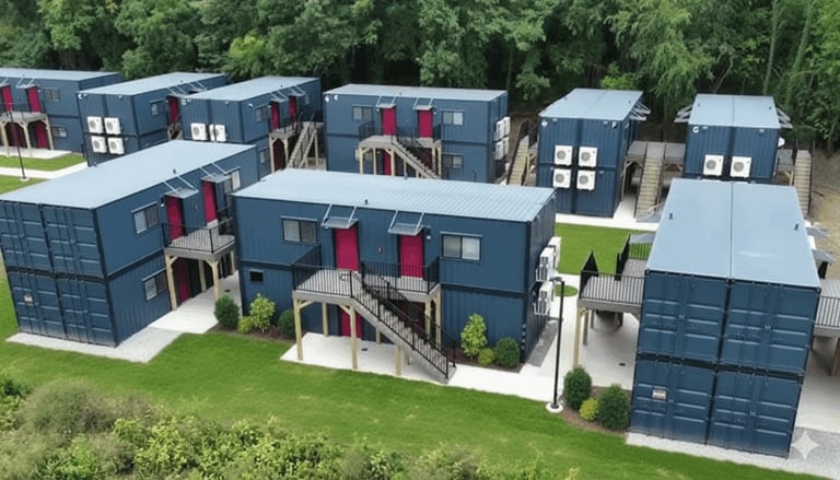 Aerial view of modern modular homes made from stacked shipping containers arranged on a green lawn with trees in the background