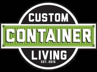 Custom Container Living logo with green banner and circular black design, established 2015