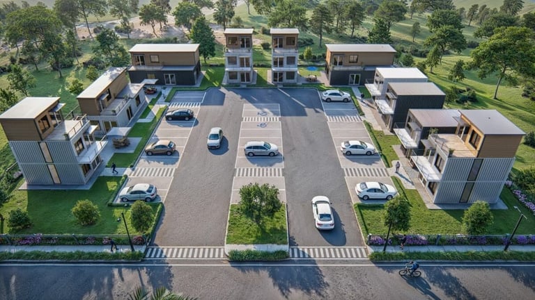Aerial view of a residential complex with modern houses, parking area, trees, and a canal waterfront