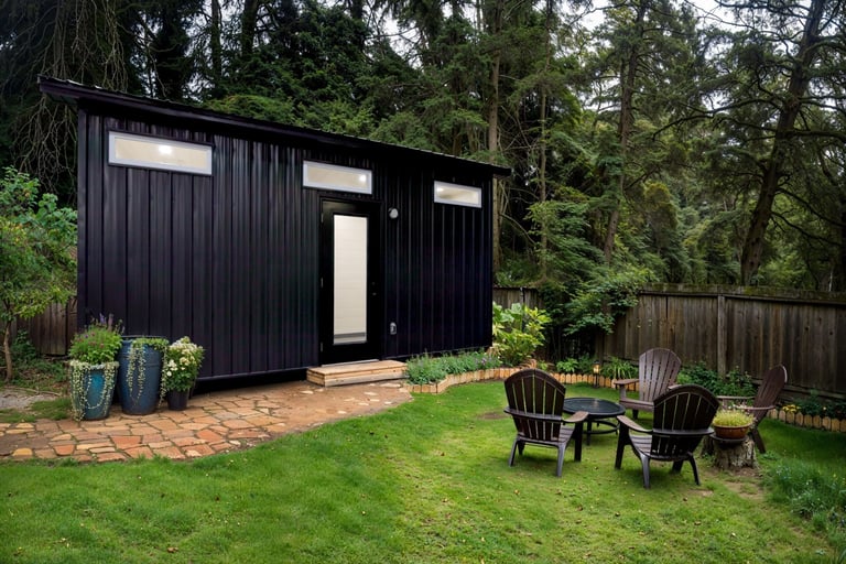 Modern black tiny house with white trim in a forest setting, surrounded by green lawn with two Adirondack chairs in the foreground.