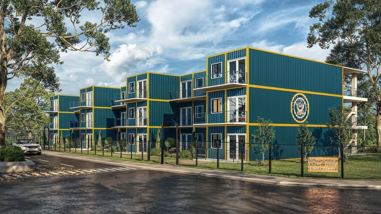 Modern green and yellow modular building with distinctive architecture surrounded by trees and landscaping on a sunny day