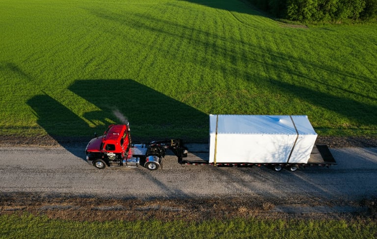 Aerial view of a red semi-truck with white trailer traveling on a rural road next to green fields.